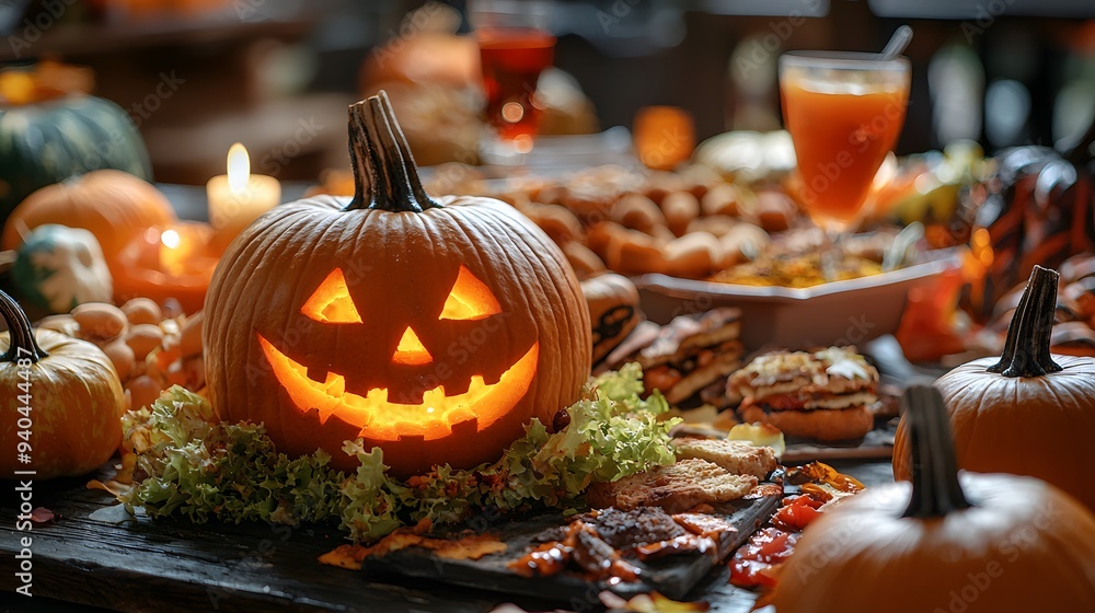 A vibrant Halloween table with a carved pumpkin and delicious festive treats. A vibrant Halloween table with a carved pumpkin and delicious festive treats.
