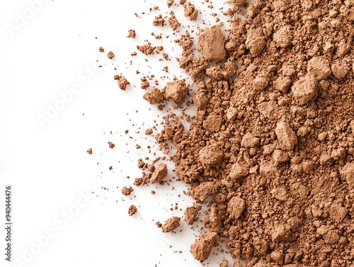 Close-up of fine brown powder scattered on a white surface, perfect for textures, backgrounds, or culinary themes.