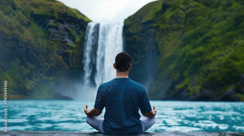 A person in a lotus position meditating by a captivating waterfall finding harmony peace and tranquility in the embrace of nature s beauty  This serene and calming scene evokes a sense of mindfulness photo