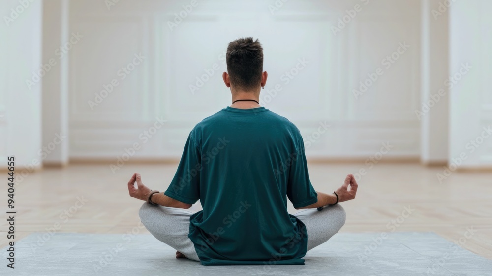 A man engages in breathing exercises in a quiet serene room focused on meditation and cultivating inner peace and calmness The deep depth of field creates a calming contemplative atmosphere A man engages in breathing exercises in a quiet serene room focused on meditation and cultivating inner peace and calmness The deep depth of field creates a calming contemplative atmosphere