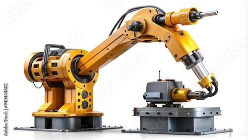 Modern robotic arm equipped with precision tools and sensors, isolated on a white background, representing advanced manufacturing and automation in the industrial sector.