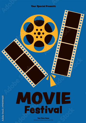 Film reel cut in half and film reel in the middle modern vintage retro style. Movie and film festival poster template design background