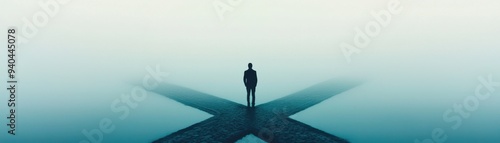 A solitary figure stands at a crossroads in a foggy landscape, symbolizing choices, decisions, and life's uncertain paths.