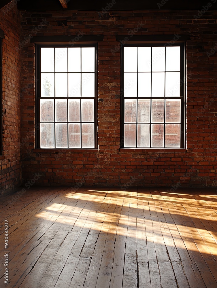 A sunlit room with large windows showcasing rustic brick walls and wooden floors, perfect for modern and vintage designs. A sunlit room with large windows showcasing rustic brick walls and wooden floors, perfect for modern and vintage designs.