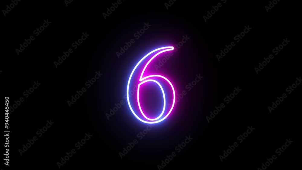Glowing neon numeric number 6 animation. Purple and blue neon font alphanumeric Glowing neon numeric number 6 animation. Purple and blue neon font alphanumeric