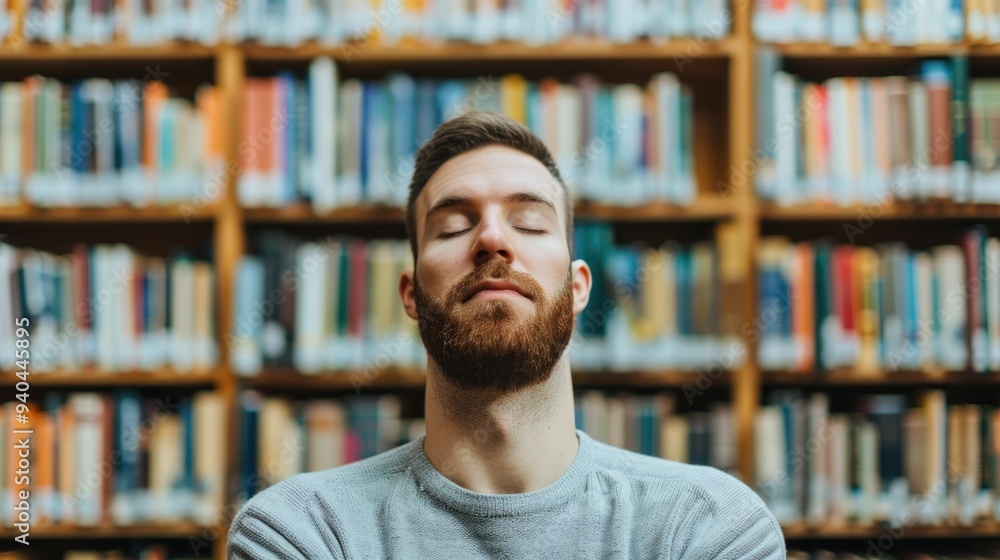 A man sits in a quiet serene corner of a library deeply engaged in a mindfulness meditation practice He finds a sense of mental stillness tranquility and inner peace in this calming A man sits in a quiet serene corner of a library deeply engaged in a mindfulness meditation practice He finds a sense of mental stillness tranquility and inner peace in this calming