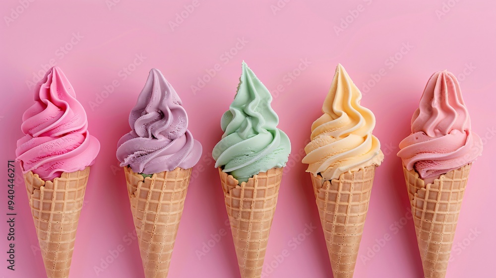 5. Five colorful ice cream cones aligned in a row, pastel background, featuring pink strawberry, beige vanilla, peach, lavender, and turquoise flavors, waffle cones, soft serve style, minimalist 5. Five colorful ice cream cones aligned in a row, pastel background, featuring pink strawberry, beige vanilla, peach, lavender, and turquoise flavors, waffle cones, soft serve style, minimalist