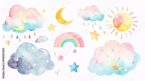 2.Dreamy watercolor celestial elements, pastel clouds, rainbows, stars, moons, sun, soft gradient colors, whimsical weather icons, floating raindrops, sparkles, fluffy cloud shapes, multicolored