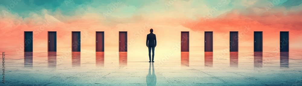 A solitary figure stands before a series of doors under a colorful sky, symbolizing choices and opportunities in a surreal setting. A solitary figure stands before a series of doors under a colorful sky, symbolizing choices and opportunities in a surreal setting.