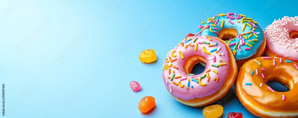 Colorful donuts with sprinkles on a bright blue background. Sweet treats and candies. Copy space for text. Colorful donuts with sprinkles on a bright blue background. Sweet treats and candies. Copy space for text.