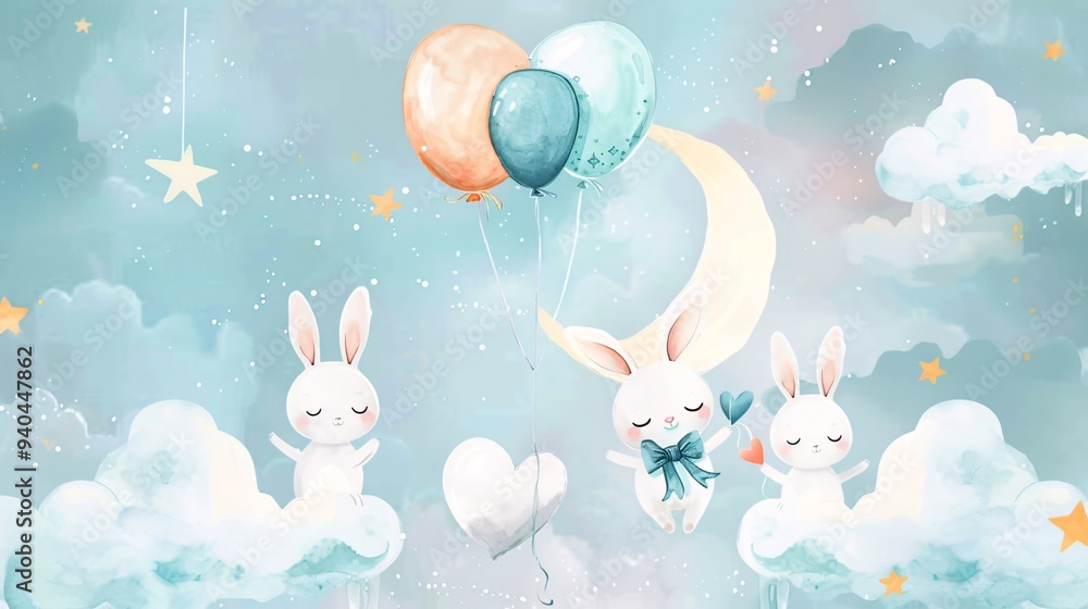 5.Magical cartoon bunnies, pastel blue and peach colors, heart-shaped balloons, fluffy clouds, crescent moon, stars, soft watercolor texture, baby nursery illustration, kawaii style, bunny holding 5.Magical cartoon bunnies, pastel blue and peach colors, heart-shaped balloons, fluffy clouds, crescent moon, stars, soft watercolor texture, baby nursery illustration, kawaii style, bunny holding