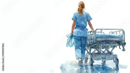 Blue watercolor painting of a nurse with gurney stretcher bed