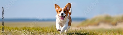 Dog running freely on a grassy hill with a clear blue sky, expansive landscape, joyous pet moment