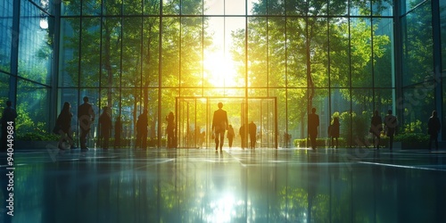 Wallpaper Mural Eco-Friendly Corporate Architecture: Blurred Figures Walking in Green Glass Office Surrounded by Trees. Sustainable Business Environment Concept for Modern Workplace Design, Environmental Responsibili Torontodigital.ca