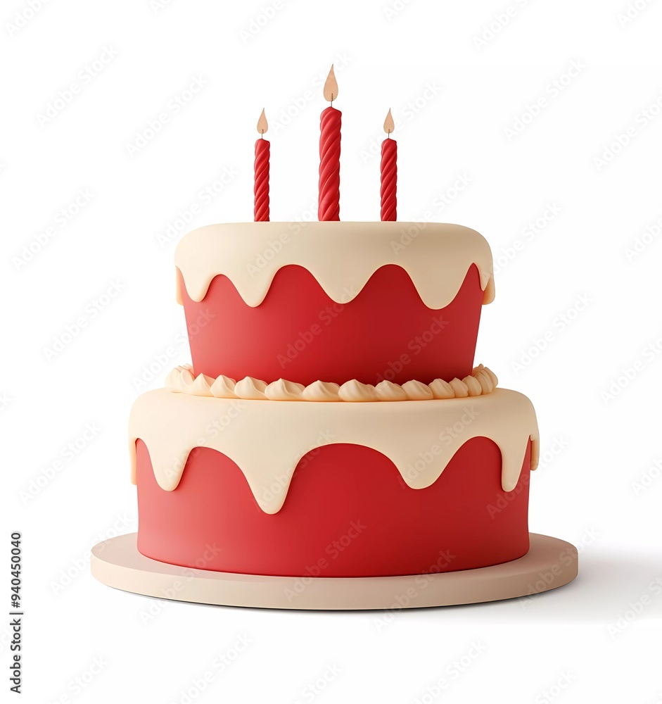 3D icon of a birthday cake, in red and beige colors, on a white background 3D icon of a birthday cake, in red and beige colors, on a white background