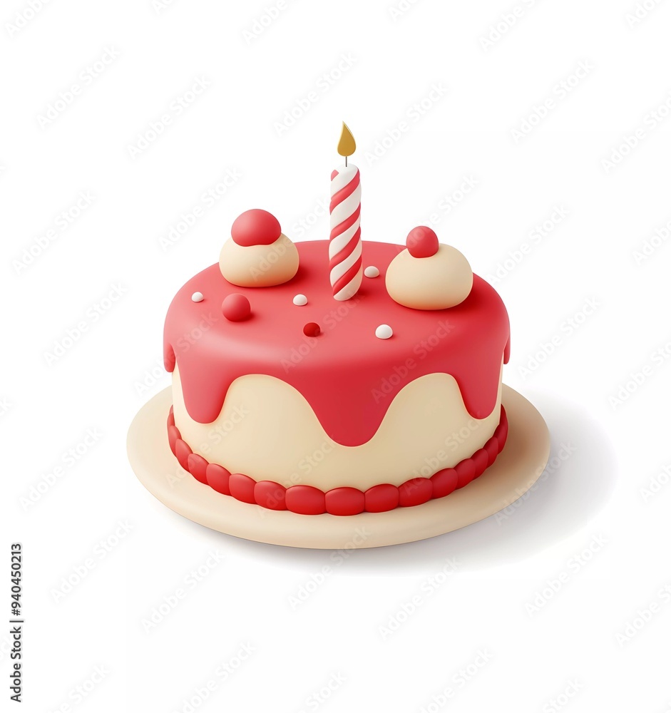3D icon of a birthday cake, in red and beige colors on a white background, front view, no shadow, clay material, matte texture 3D icon of a birthday cake, in red and beige colors on a white background, front view, no shadow, clay material, matte texture