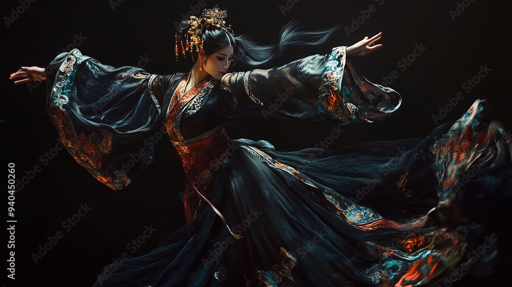 Fototapeta premium A Woman in a Flowing Black Robe with Intricate Embellishments