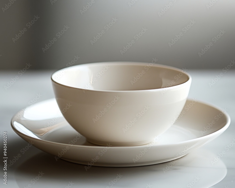 Minimalist Designer Composition Featuring a Bowl and Plate, with White Background, Embodying the Essence of Minimalist Aesthetics Minimalist Designer Composition Featuring a Bowl and Plate, with White Background, Embodying the Essence of Minimalist Aesthetics