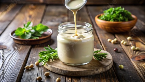 Rich, creamy condiment pours smoothly from a glass jar, highlighting the velvety white sauce's appetizing texture and subtle sheen on a rustic wooden table.