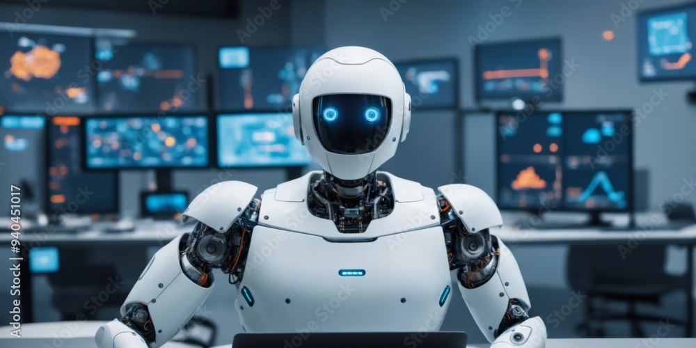 Futuristic white robot sitting at desk with crossed arms, surrou Futuristic white robot sitting at desk with crossed arms, surrou