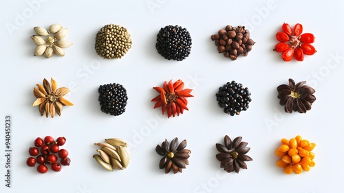 99. A collection of exotic fruit seeds on a plain white backdrop