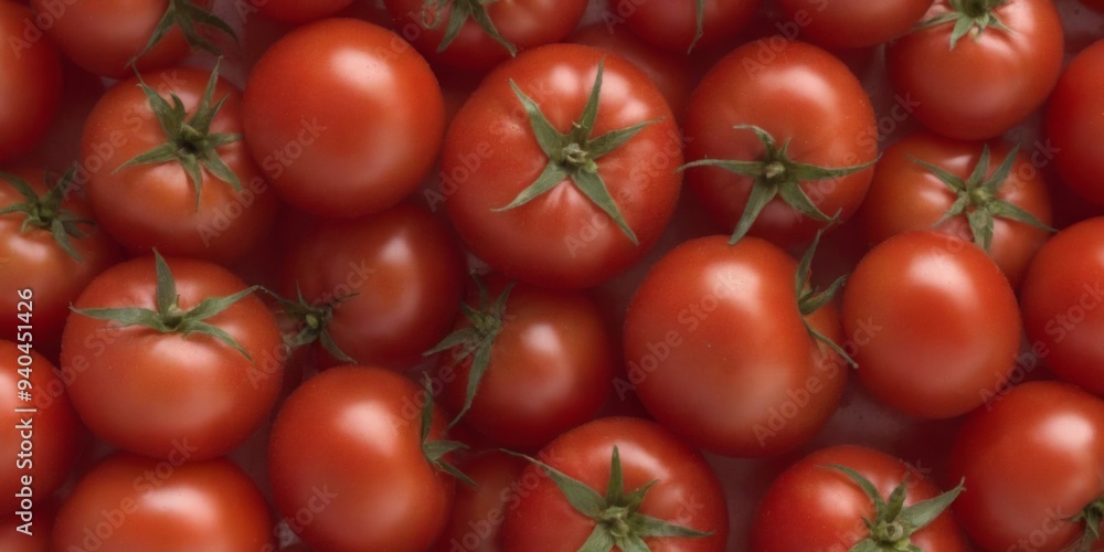 Vibrant Close-Up of Fresh Red Tomatoes with Green Leaves in Rand Vibrant Close-Up of Fresh Red Tomatoes with Green Leaves in Rand