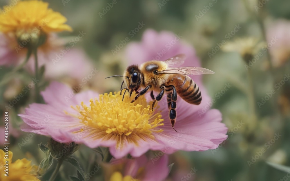 Close-up bee pink flower brown black striped process The image i Close-up bee pink flower brown black striped process The image i