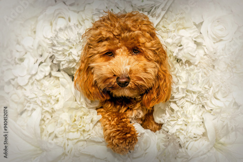 A cute havapoo dog in front of a colorful flower background photo