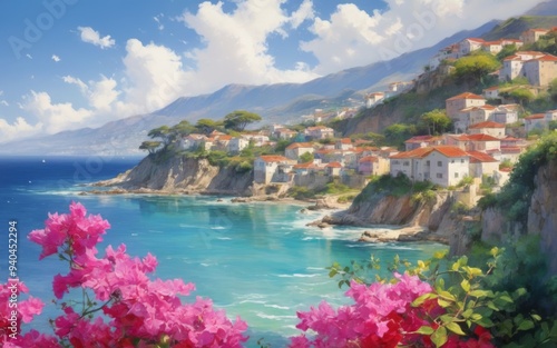 Scenic Coastal Town on Clifftop with Colorful Houses, Lush Green