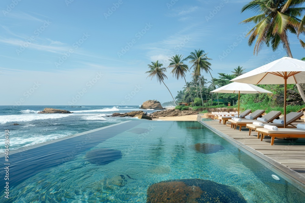 Fototapeta premium Infinity pool with white umbrella and wooden sunbeds overlooking Colglobby beach in Sri Lanka, featuring palm trees and waves crashing on the shoreline.