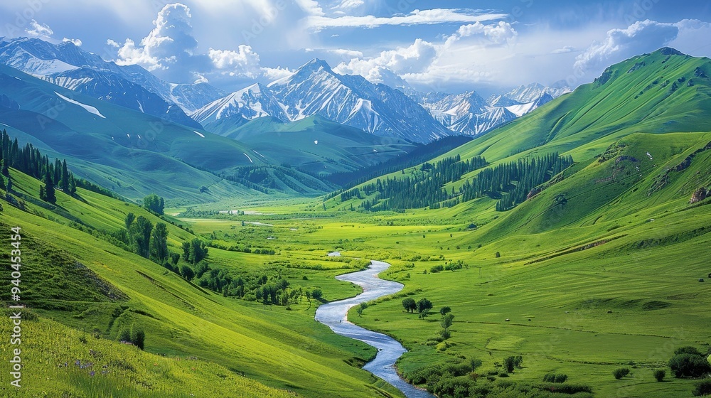 Fototapeta premium Lush green valley with a winding river and distant snow-capped mountains, natural background, idyllic scenery