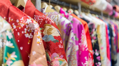 Vibrant Traditional Japanese Kimono Robes Hanging on Clothing Rack, Cultural Fashion Display