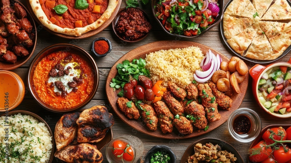 A table filled with food from diverse cultures. A culinary adventure. A table filled with food from diverse cultures. A culinary adventure.