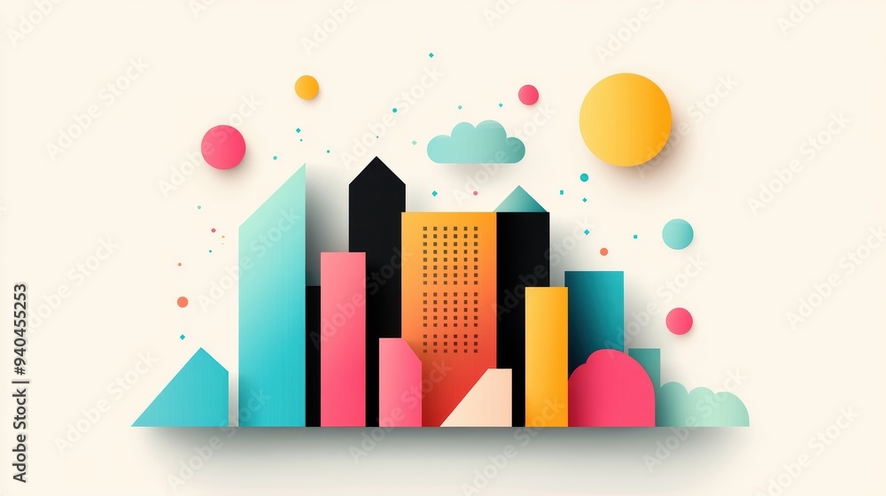 Fototapeta premium A geometric and stylized illustration of a modern cityscape skyline, using bold lines and shapes to create a dynamic and modern aesthetic.