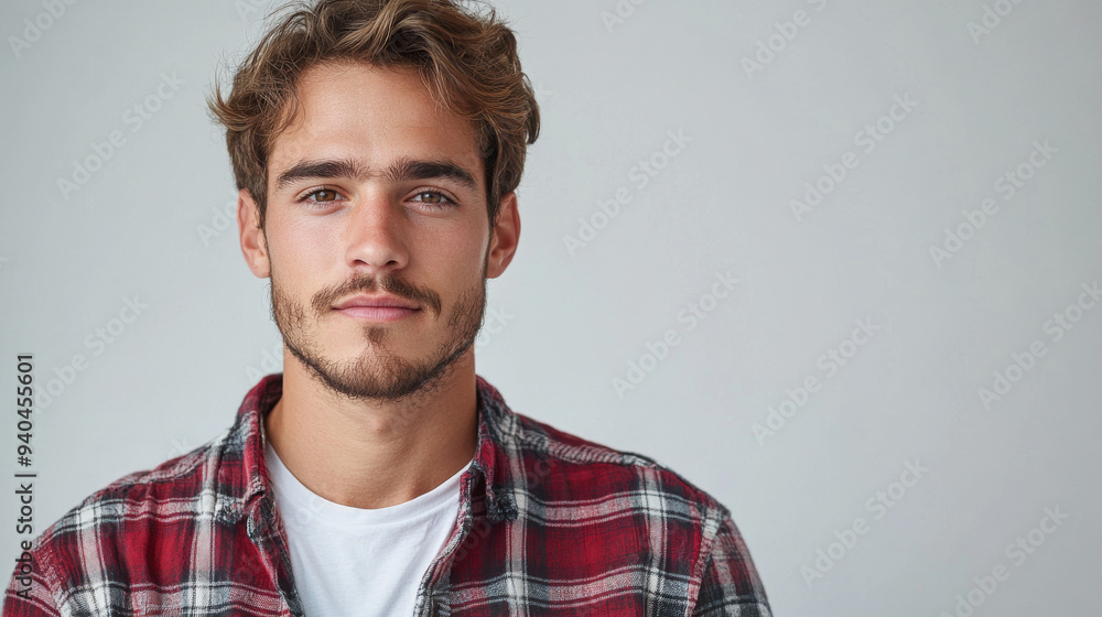 Portrait of a young caucasian male wearing a flannel plaid shirt isolated on plain background with copy space, the young man have a serious face thinking about is future Portrait of a young caucasian male wearing a flannel plaid shirt isolated on plain background with copy space, the young man have a serious face thinking about is future