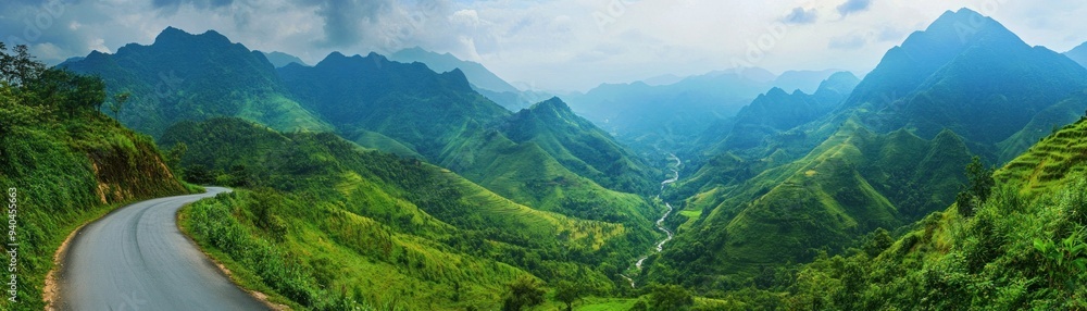 Winding Road Through Lush Green Mountain Valley Winding Road Through Lush Green Mountain Valley