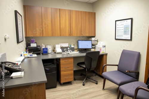 family doctor’s office with a clean, organized workspace and patient seating. The doctor is reviewing a patient’s test results, Generative AI
