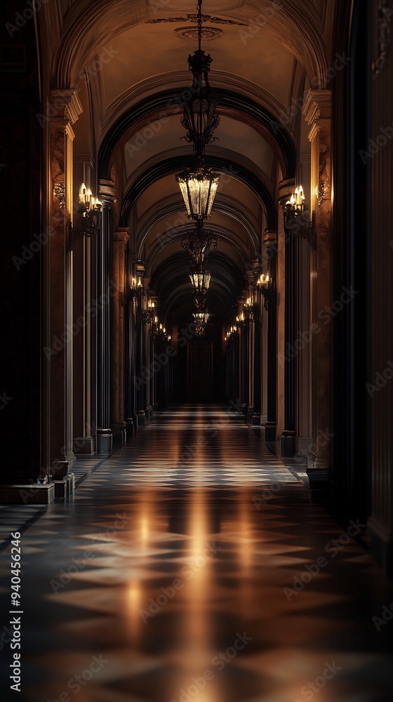 Obraz premium Illuminated Arched Hallway with Ornate Chandeliers