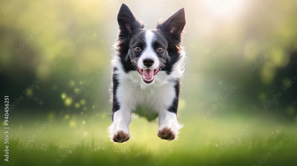 Obraz premium A Border Collie with a happy, focused look, running full speed across a field, its black and white fur a blur of motion.