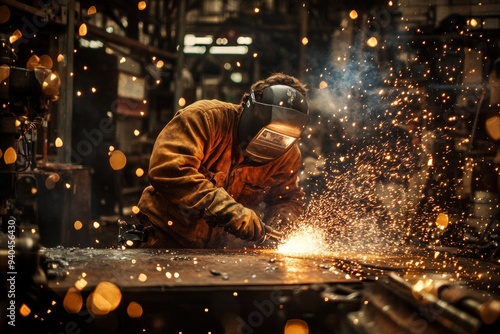 Welder fusing metal in workshop with sparks flying, equipped with protective goggles for safety