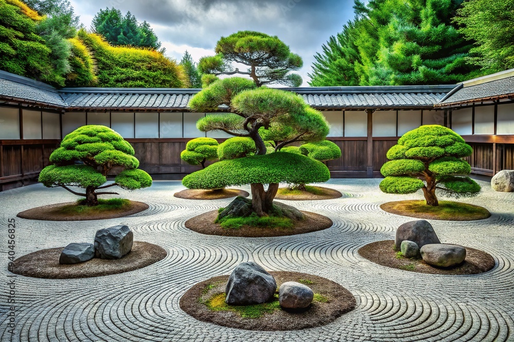 Fototapeta premium Serenely composed vector illustration of a traditional Japanese zen garden, featuring raked gravel, moss-covered stones, and carefully pruned bonsai trees amidst a calming minimalist backdrop.