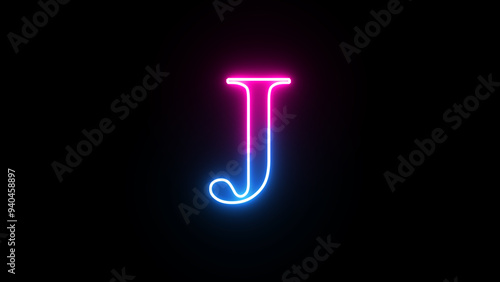 Glowing neon capital letter alphabet J. Purple and blue neon font letter "J" on black background. Educational concept