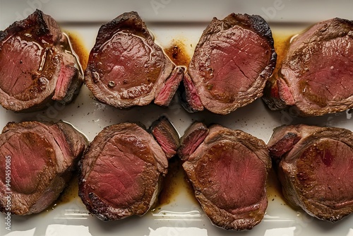 A mouthwatering close-up of three juicy beef steaks