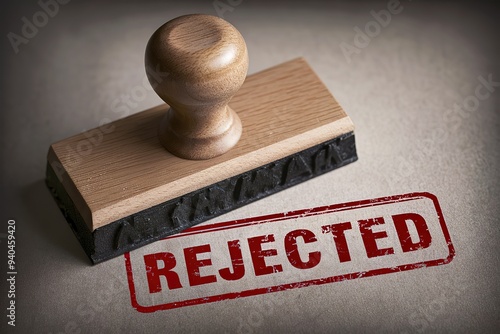 A thought-provoking scene of a wooden rubber stamp with the bold, capital letters 'rejected'