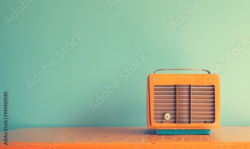 Retro old orange TV receiver on table front gradient aquamarine wall background. Vintage style filtered photo photo