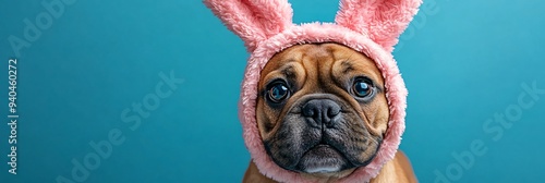 A cute dog in pink Easter bunny ears, perfect for festive celebrations and promotions, ideal for social media, events, and print. with copy space.