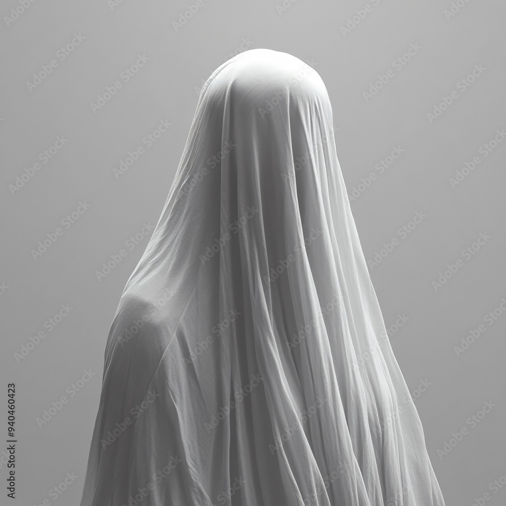 A ghostly apparition draped in white fabric against a soft gray background, perfect for Halloween themes and events with copy space. A ghostly apparition draped in white fabric against a soft gray background, perfect for Halloween themes and events with copy space.