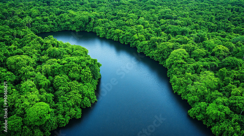 Aerial view of a tranquil lake surrounded by lush green forest, capturing a serene and peaceful natural landscape