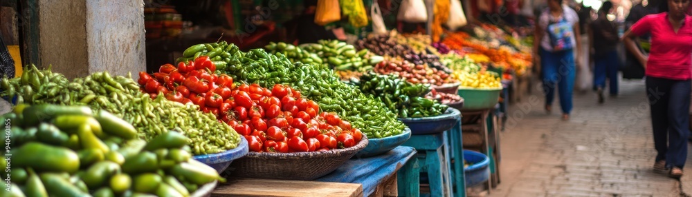 Fresh Green Peppers and Tomatoes at a Market Stall Fresh Green Peppers and Tomatoes at a Market Stall