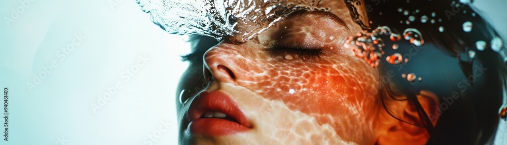 Close-up of a Woman's Face with Water Splashing Over Her Close-up of a Woman's Face with Water Splashing Over Her